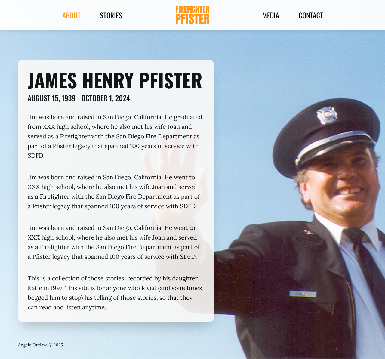 Screenshot of the about page of the Firefighter Pfister site