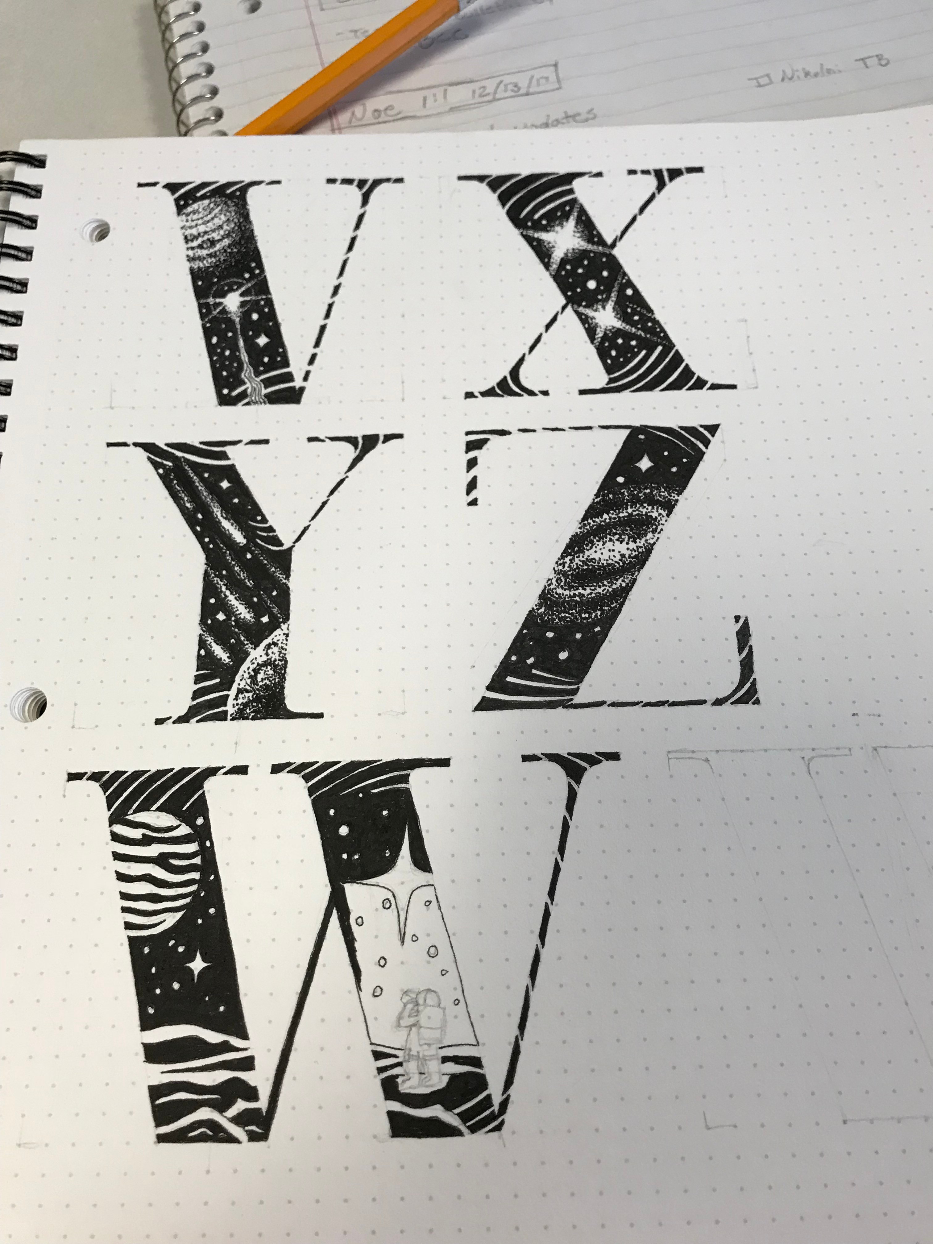 Sketchbook page showing several hand drawn Spaceabet letters