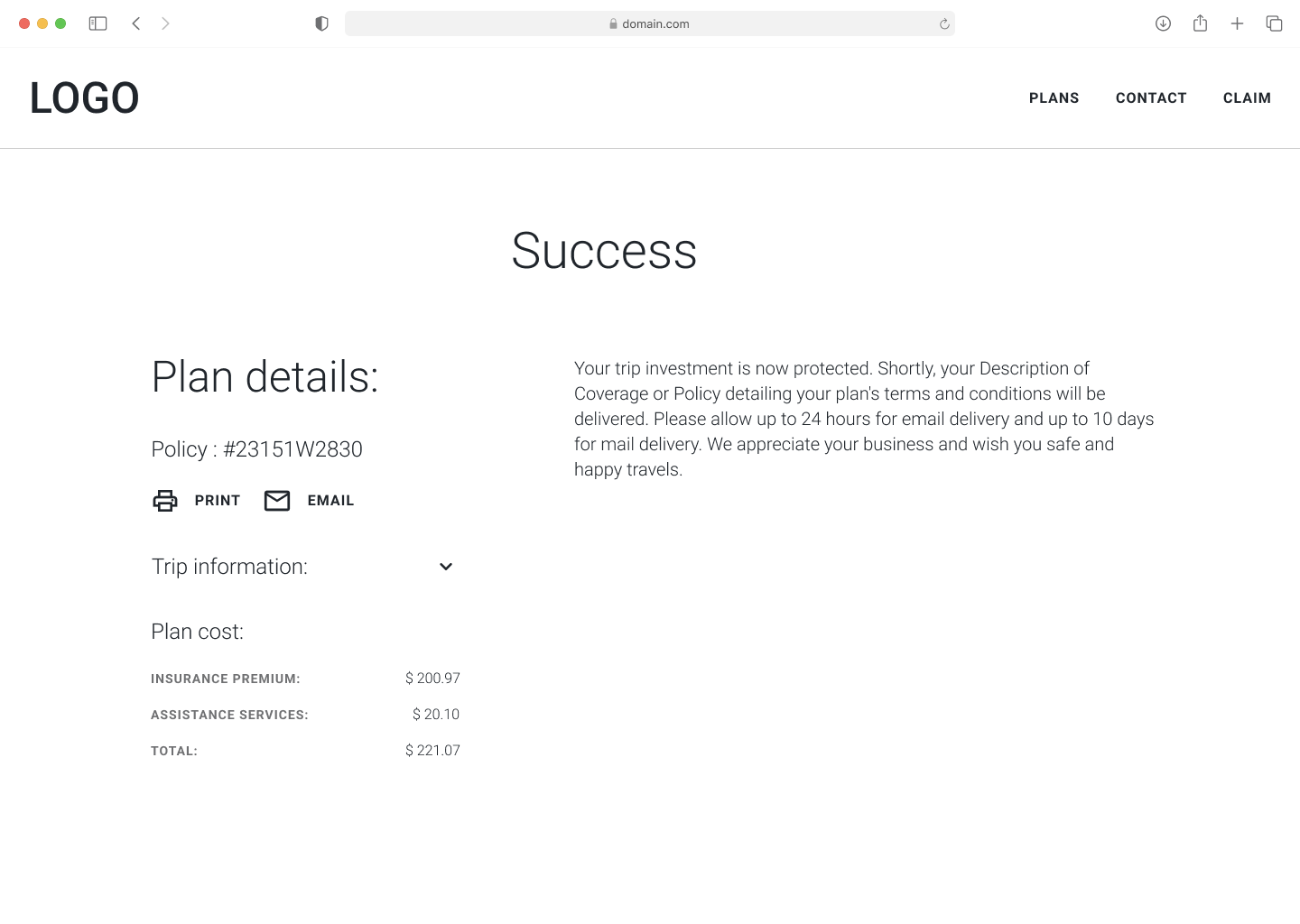 Wireframe showing the purchase success page